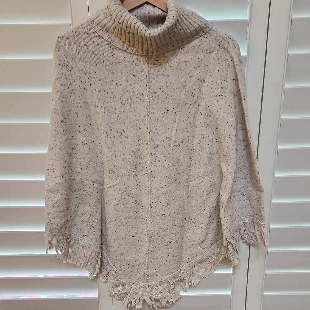 JEANNE PIERRE Cream Poncho Sweater with Cozy Turtleneck